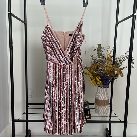 $298 BCBGMAXAZRIA Striped Sequin Wrap Mini Dress - Picture 2 of 4